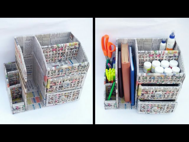 desk organizer with cardboard and newspaper | newspaper craft | cardboard drawer | HMA##199