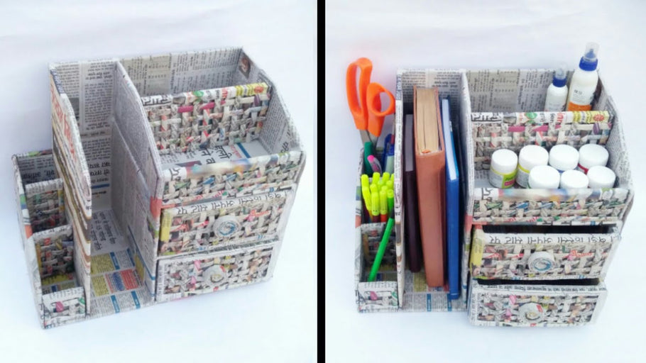 desk organizer with cardboard and newspaper | newspaper craft | cardboard drawer | HMA##199