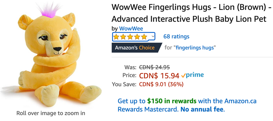 Amazon Canada Deals: Save 36% on WowWee Fingerlings Hugs Plush Baby Lion Pet + 36% on Package Delivery Box + 26% on Axis Gimbal Steadicam Stabilizer + More Offers