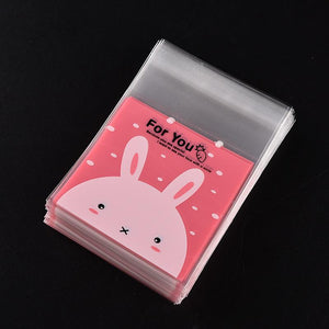 100pcs/pack 7x7cm Lovely Rabbit Print Clip Holder Bags Desk Organizer self-adhesive candy bag gift bags