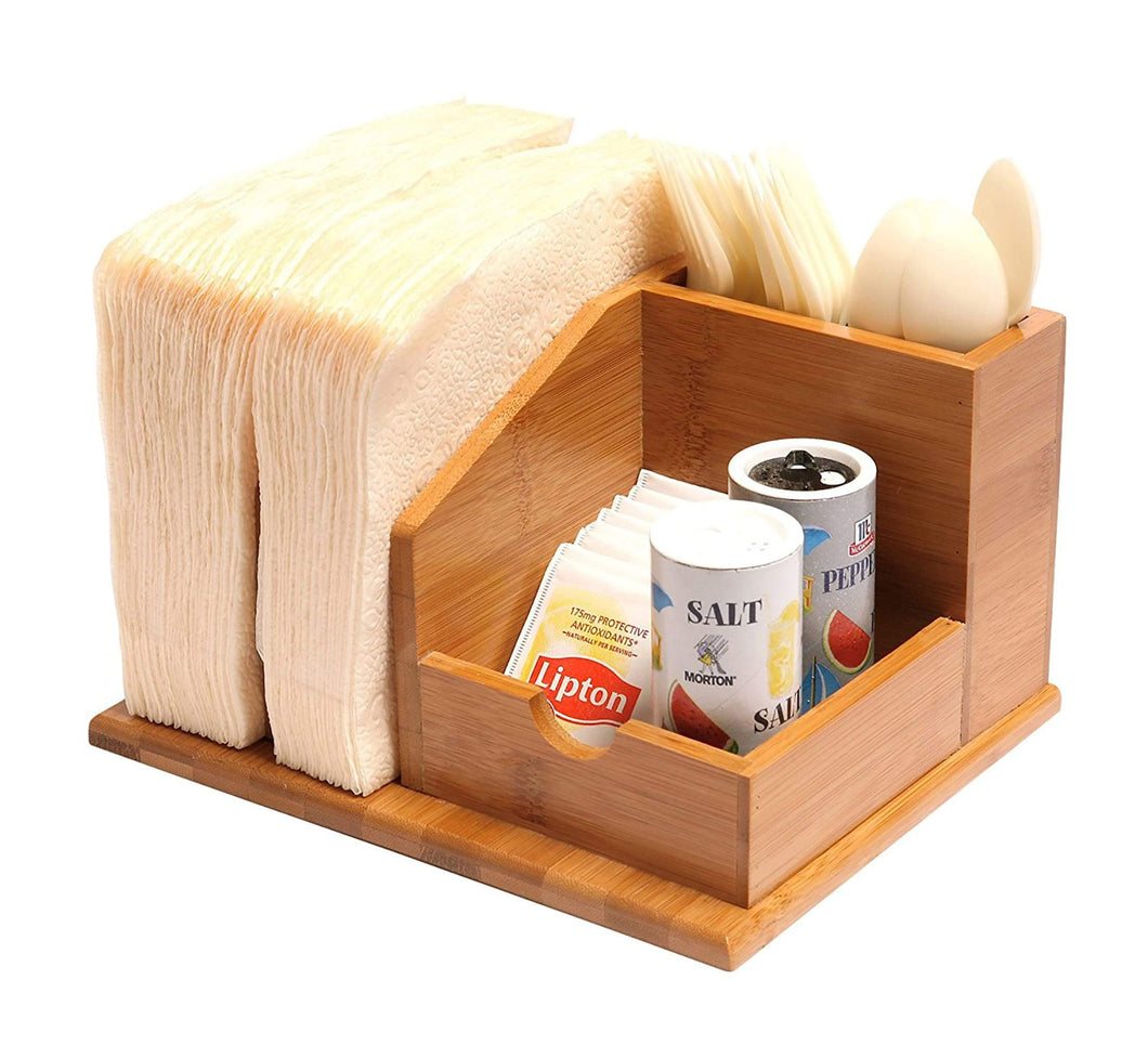 QI Bamboo Small Space Kitchen Organizer Utensils Napkins Condiments Holder Storage Caddy (10450)