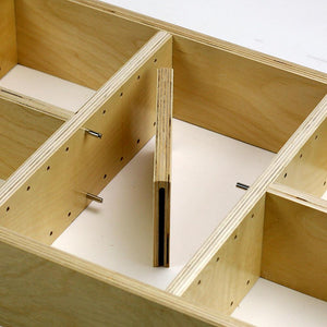 2 Section Adjustable Divider (up to 6 cubicles) organizer insert.  Interior Drawer Dimension Range: Width 12" to 24'", Depth 16 1/16" to 21", Height 2" to 6".