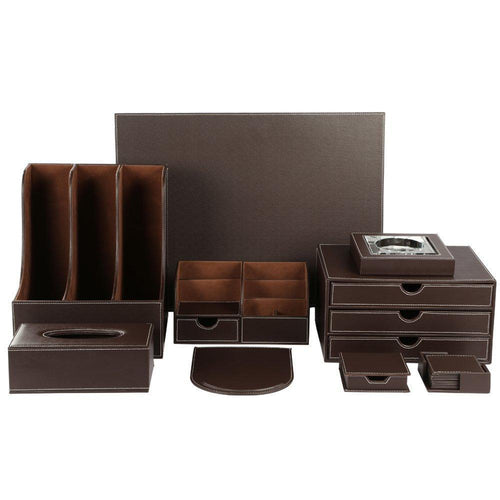 KINGFOM Desk Organizer Set 9 PCS Office Supplies Set File Holder Cabinet, Desk Organizer Drawer,Tissue Box Cover,Organizer Box,Mouse Pad,Desk Pad, Notepaper Holder, Ashtray and Coasters Set(T04Brown)