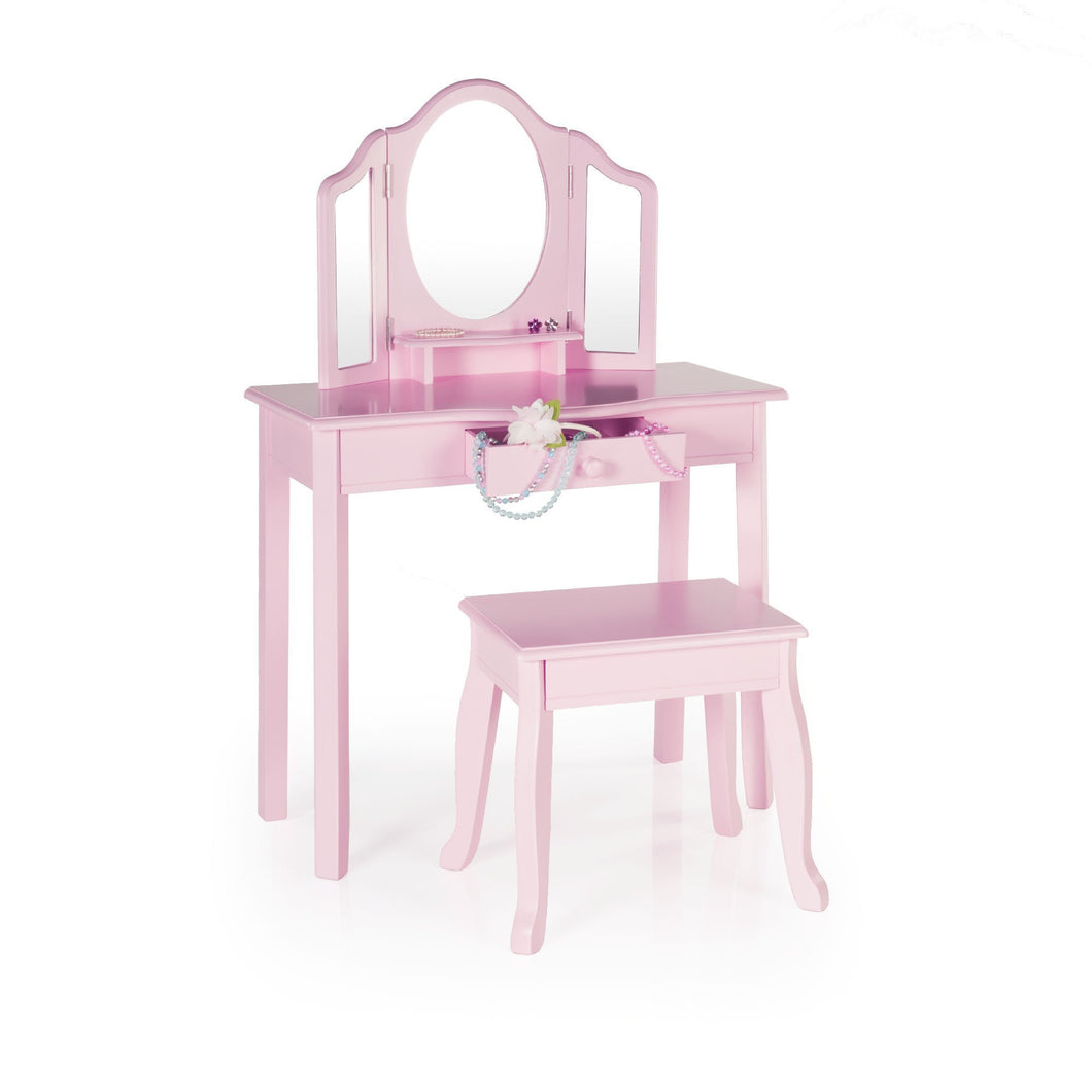 Save on guidecraft vanity and stool pink kids wooden table and chair set with 3 mirrors and make up drawer storage for toddlers childrens furniture