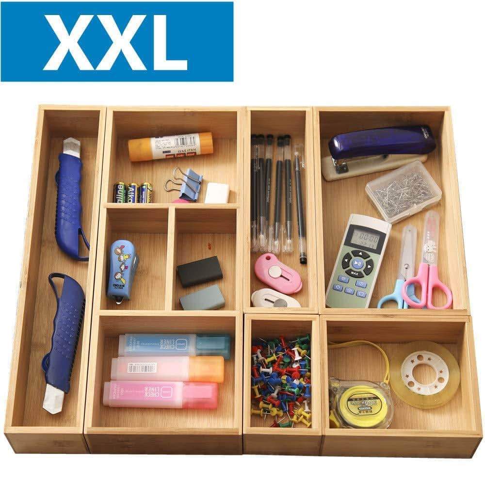 XXL Set of 6 Bamboo Drawer Storage Box,Desk Organizer 9 Compartment Organization Tray Holder, 100% Bamboo,Drawer Divider (18
