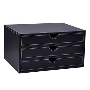 UnionBasic Multi-Functional PU Leather Wooden Desk Organizer File Cabinet Office Supplies Desktop Storage Organizer Box with Drawer (Plain Black (3-Drawer))