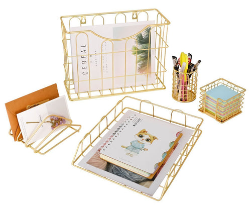 Superbpag Office 5 in 1 Desk Organizer Set Gold- Letter Sorter, Pencil Holder, Stick Note Holder, Hanging File Organizer and Letter Tray