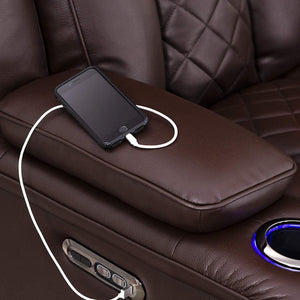 Storage seatcraft europa home theater seating power recline leather gel sofa adjustable powered headrests cup holders power charging station hidden in arm storage sofa brown
