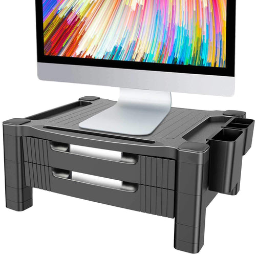 Monitor Stand Riser with Dual Storage Drawers - Adjustable Computer Screen Riser Printer Stand, Desk Organizer with Phone and Tablet Slot - Removable Holder for Pen Pencil Office Supplies by HUANUO