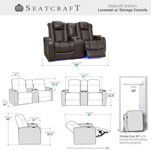 Load image into Gallery viewer, Storage organizer seatcraft anthem home theater seating leather power recline loveseat with center storage console powered headrests storage and cupholders brown
