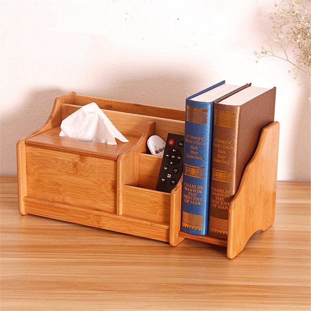 VolksRose Remote Control Holder Bamboo Desktop Organizer Natural Storage Box with Retractable Book Organizer Display Shelf Rack, 5 Compartments Holders, Book Ends and Facial Tissue Box #5
