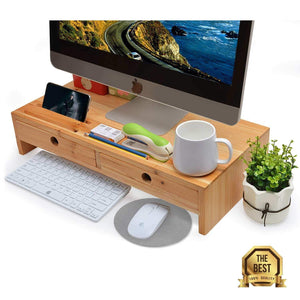 Computer Monitor Stand with Drawers - Wood TV Screen Printer Riser 22.05L 10.60W 4.70H inch, Desk Organizer in Home&Office