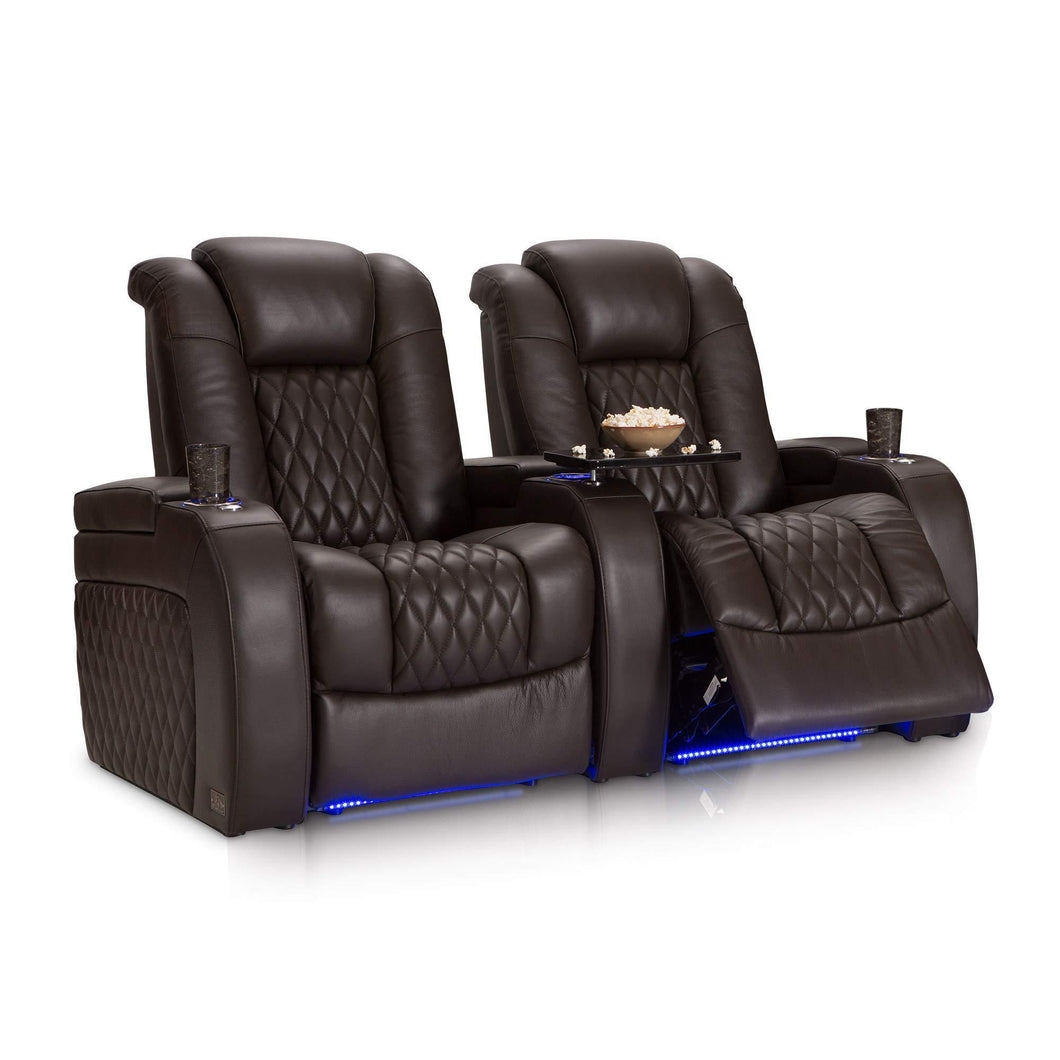 Organize with seatcraft diamante home theater seating leather power recline with adjustable powered headrest soundshaker usb charging cup holders ambient lighting row of 2 brown