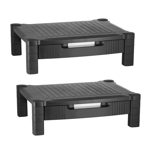 Monitor Stand Riser Computer Desk Organizer with Pull Out Drawer - for Laptop, Screen, Printer, Keyboard, Tablet, Cable Management Storage - Plastic | Black - 2 Pack