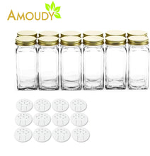 Load image into Gallery viewer, Home 12 square clear glass bottles containers jars 4oz with gold metal lids and shaker tops empty organizer set deluxe decorative modern spices seasoning food crafts gifts