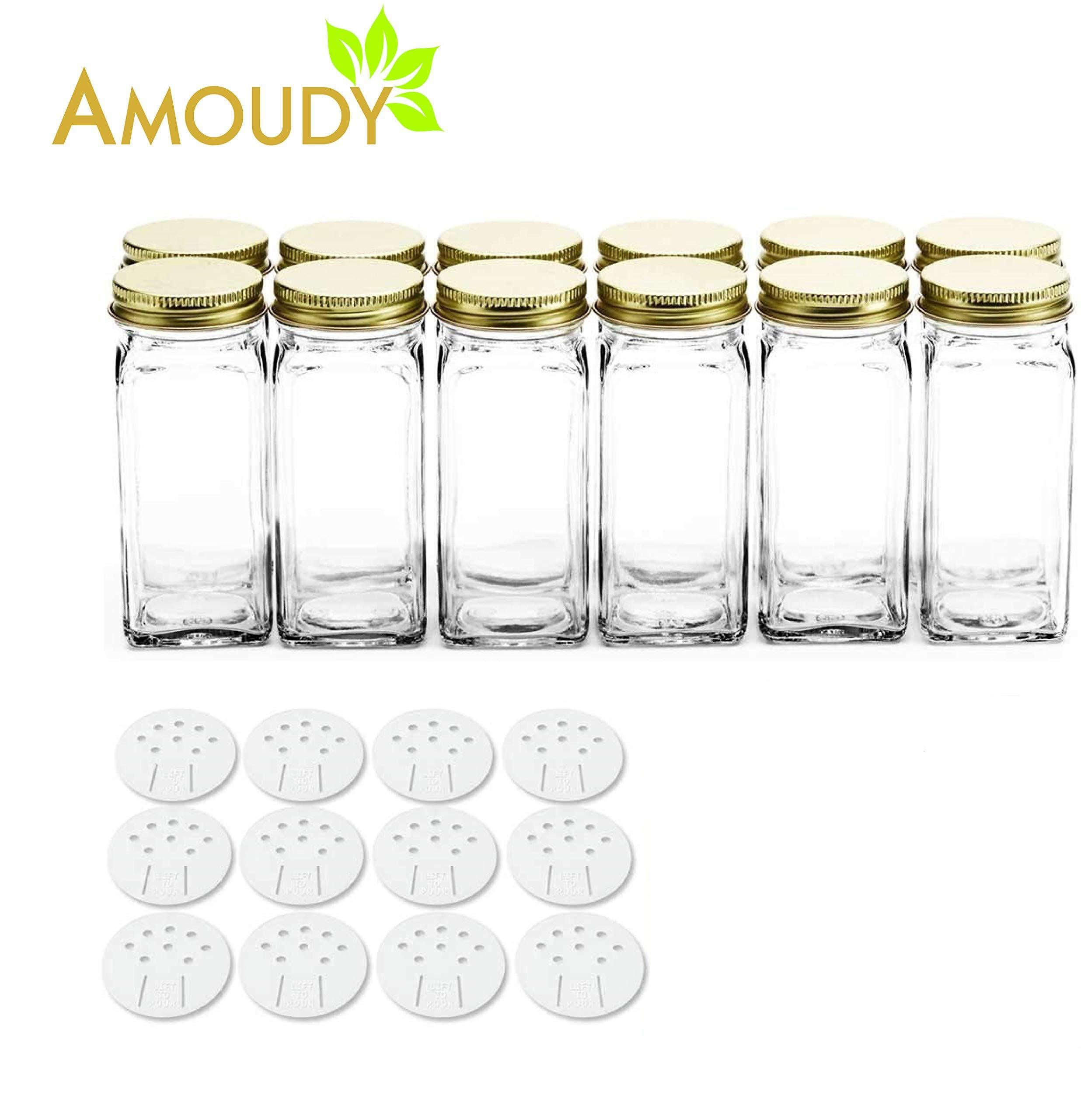 12 Square Clear Glass Bottles Containers Jars 4oz with Gold Metal Lids and Shaker Tops Empty Organizer Set Deluxe Decorative Modern - Spices Seasoning Food Crafts Gifts