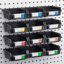 Load image into Gallery viewer, Try pegboard bins 12 pack black hooks to any peg board organize hardware accessories attachments workbench garage storage craft room tool shed hobby supplies small parts