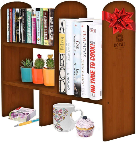 Expandable Natural Bamboo Desk Organizer Accessory - Adjustable Desktop Shelf Rack - Multipurpose Display for Office, Kitchen, Books, Flowers and Plants. Brown