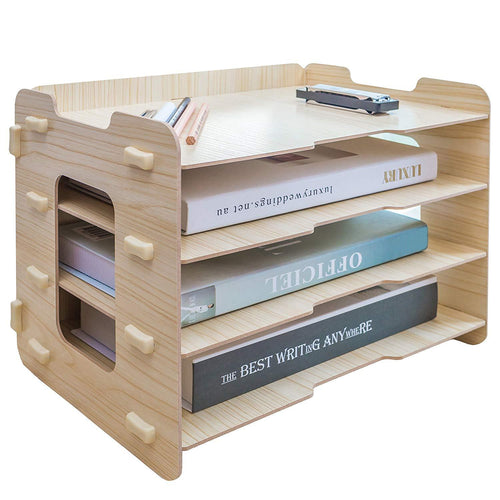 CLAPOTIS 4 Layer Wood File Organizer Tray / 4 Tier Desk Organizer/Letter Tray Organizer/File Folder Organizer Tray/Stacking Trays/Hanging File Organizer/Paper Organizer (Natural Color)