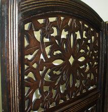 Load image into Gallery viewer, Shop rajasthan antique brown 4 panel handcrafted wood room divider screen 72x80 intricately carved on both sides reversible hides clutter adds decor divides the room antique brown rajasthan