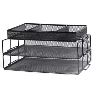 3-Tier Mesh Office Desk Organizer With 3 Sorter Sections, Black - Moustache®