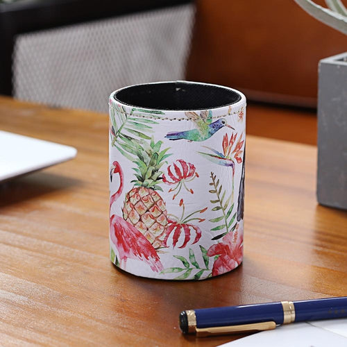 LINKWELL Summer Decor Pink Flamingo Hummingbird Pineapple Toucan PU Print Pencil Cup Pen Holder Desk Organizer Storage Box Case